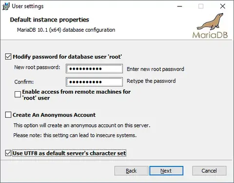MariaDB install properties