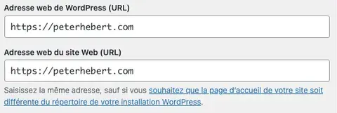 Tableau de bord de WordPress, section Réglages Généraux, Adresse web de WordPress